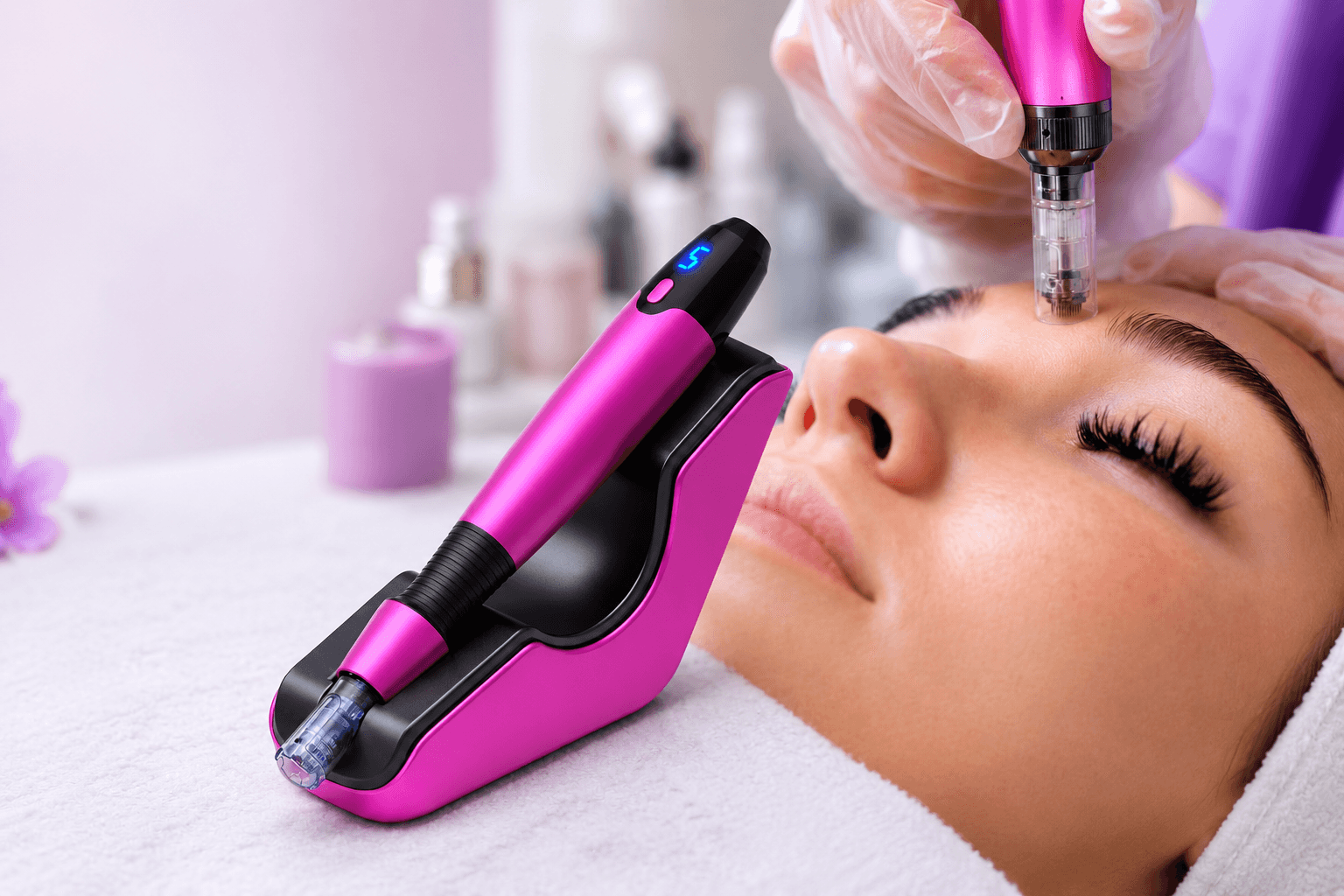 Aurora Pen microneedling treatment being applied to the face